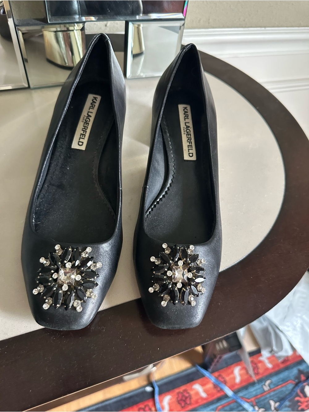 Karl Lagerfeld Black Satin Flats with Crystal Brooch